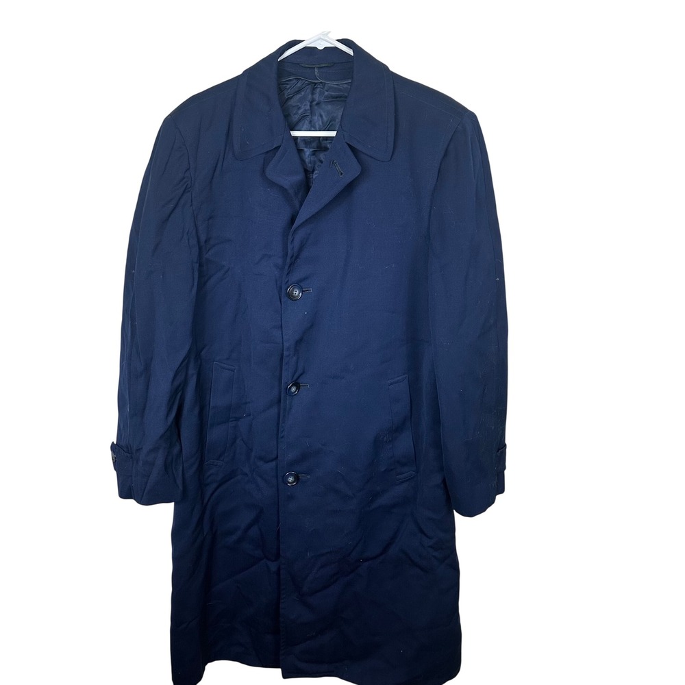 Custom Hirsch Overcoat Mens Large Navy Blue Button Front Long‎ Trench Jacket